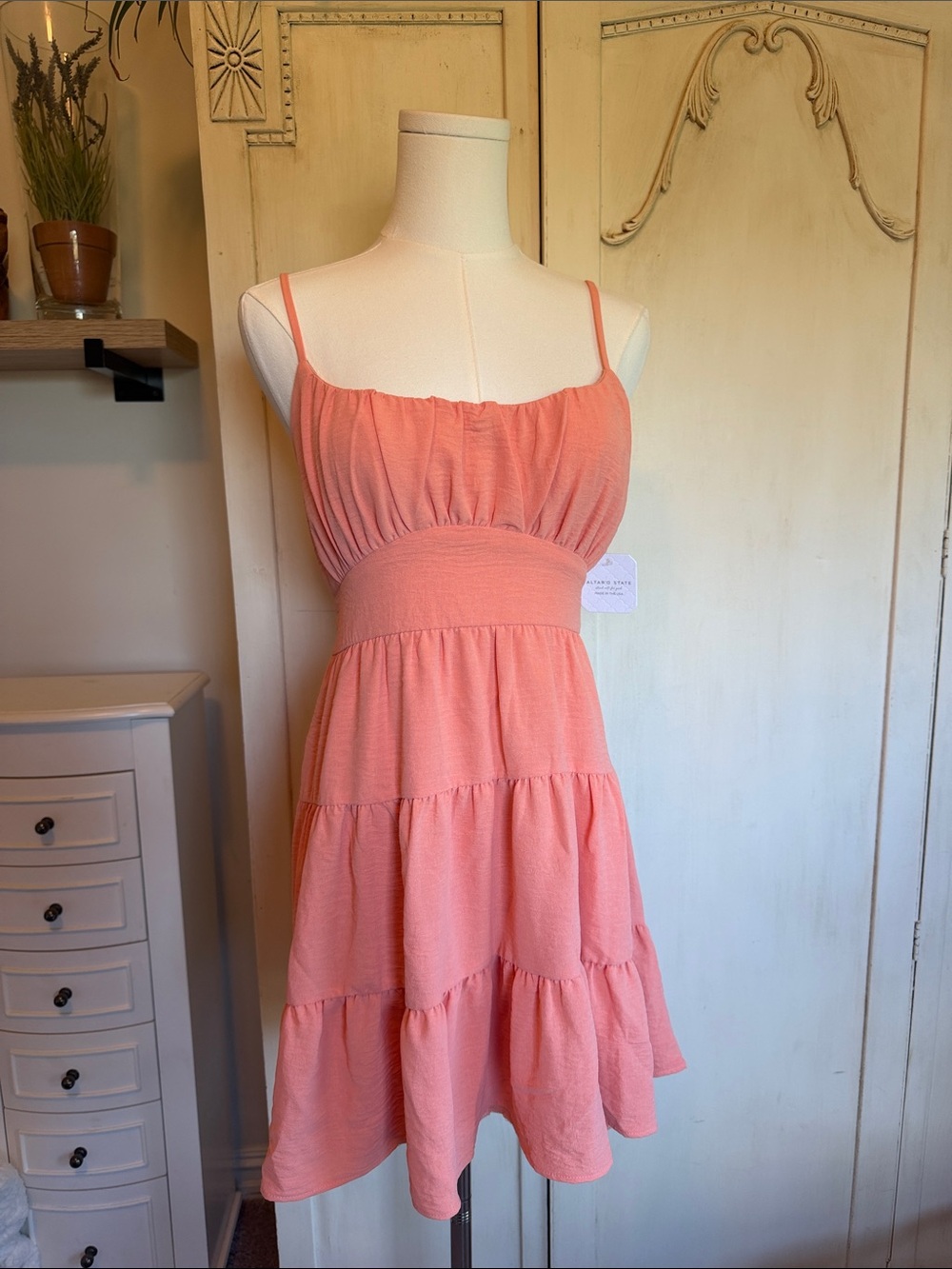 Altar'd State Coral Pink Tiered Spaghetti Strap Sundress